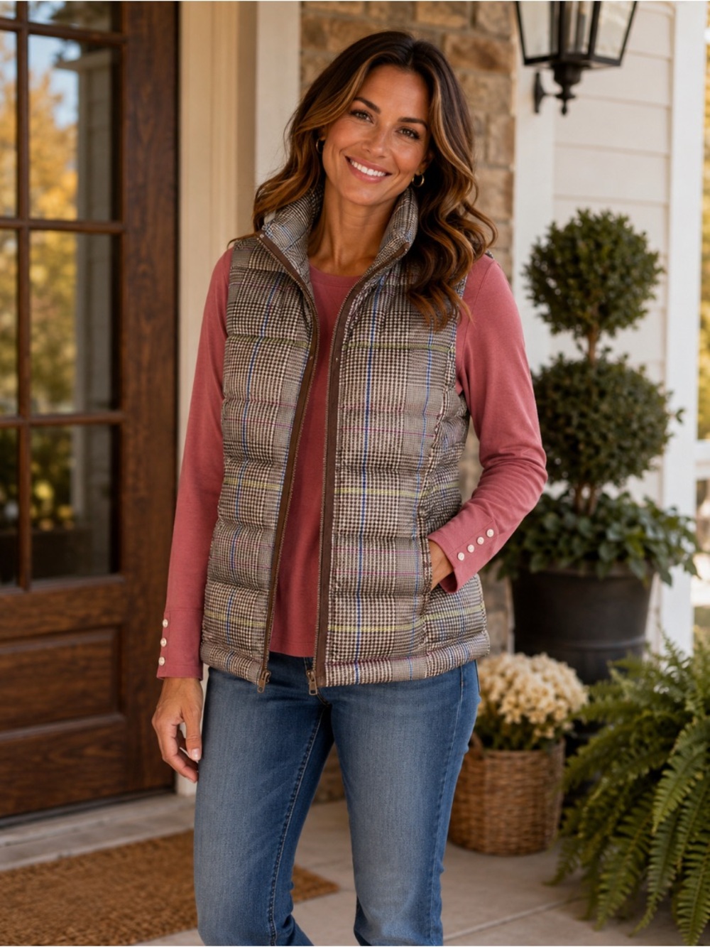 Lands' End Brown Plaid Quilted Down Vest